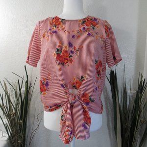 Stripe Floral Front Tie Boho Women's Top Sz M